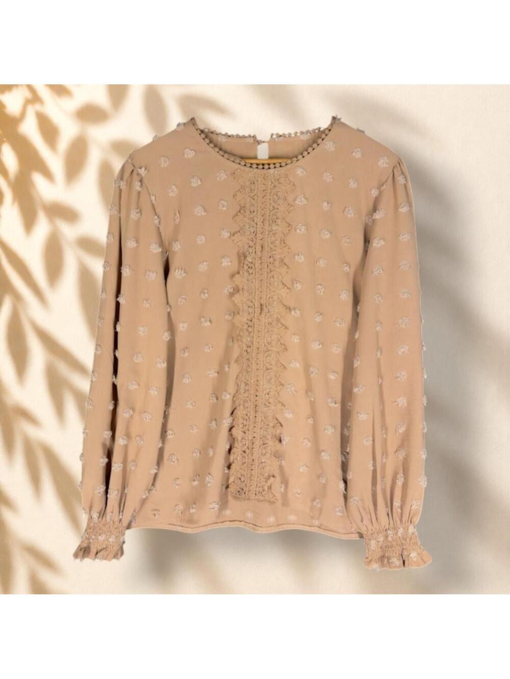 Unbranded Blouse Women XL Brown Embroidered Long Sleeve Hook & Eye Casual